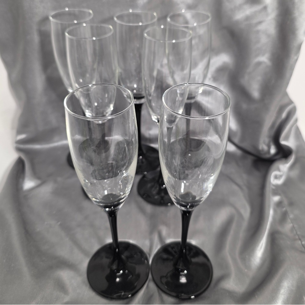 Luminarc France Black Stem Champagne Flutes Set of 7 Clear Glass Two Tone 8.75in